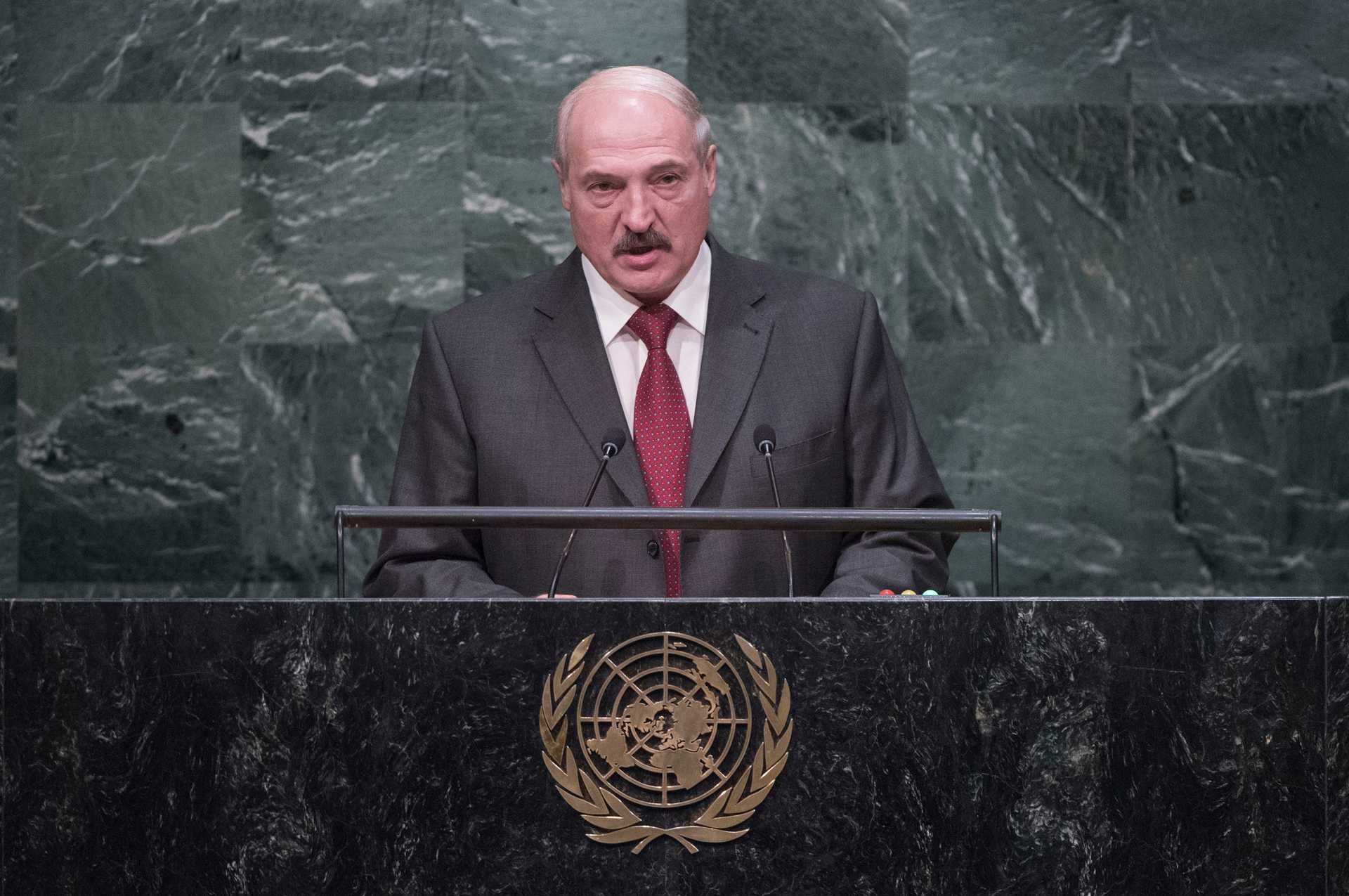 This photo shows Alexander Lukashenko holding a speech.