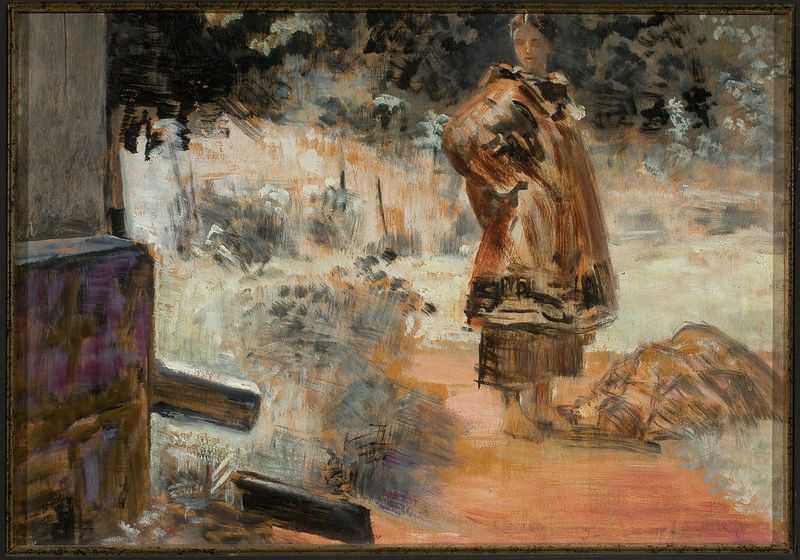 The artwork depicts a woman in a long, dark coat standing in a muted, impressionistic landscape of trees and open space, her reserved posture and obscured expression adding an air of mystery. The loose brushstrokes and earthy tones create a tranquil atmosphere, with a hint of meta-artistic commentary suggested by the presence of an easel in the corner.
