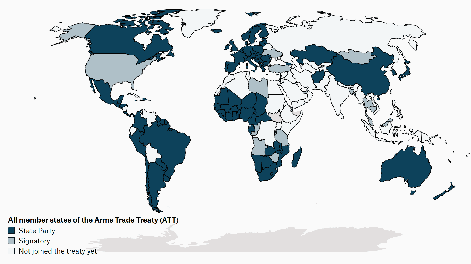 A map of the world showing states that are parties of the Arms Trade Treaty, states that are signatories but are not yet parties and states that have not yet joined the treaty.