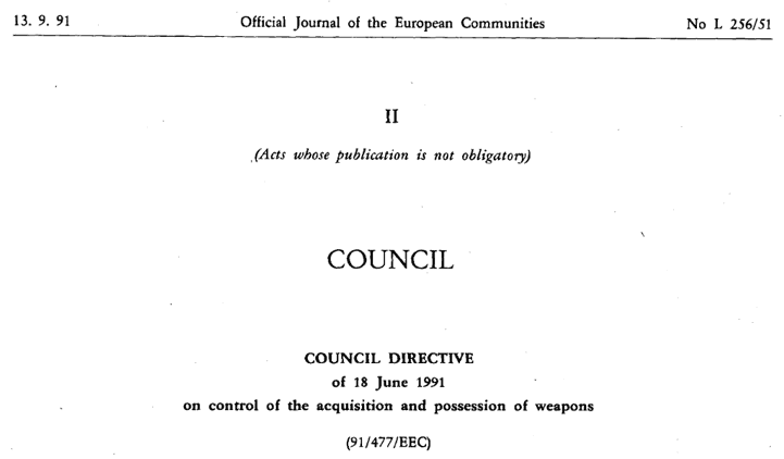 Photo of the EU Firearms Directive of 1991.