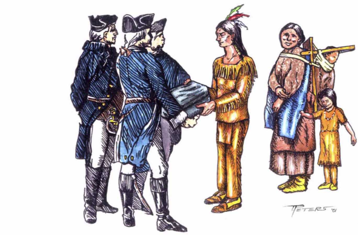 Drawing of British officers in 18th century uniforms handing over a blanket to a male person in native american clothes with a woman and two small children in the back.