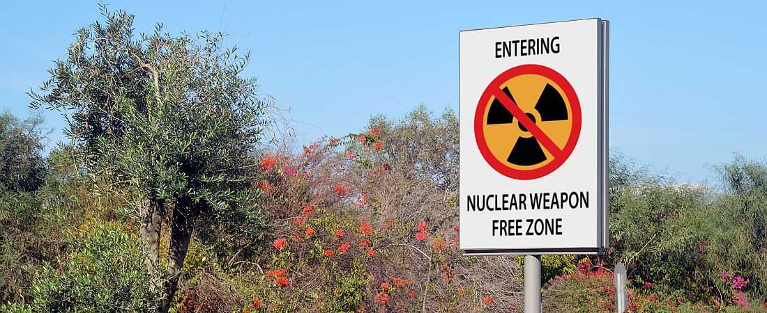 Sign in front of an overgrown area indicating a Nuclear Weapon Free Zone.