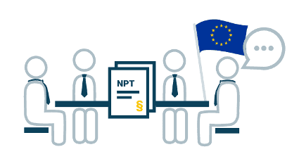 The image is a simplified graphic illustration representing the European Union’s (EU) role in discussions on the Treaty on the Non-Proliferation of Nuclear Weapons (NPT).