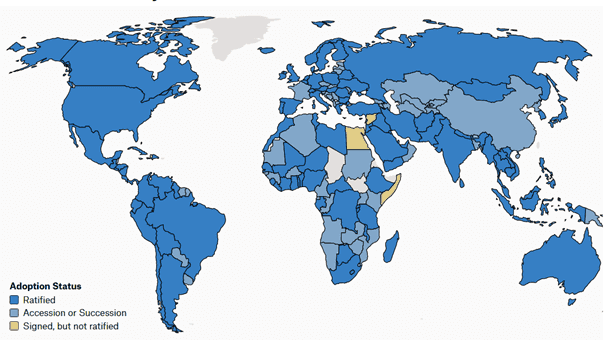 World map showing global participation in the Biological Weapons Convention (BWC), with countries color-coded according to adoption status: dark blue for 'Ratified', light blue for 'Accession or Succession', yellow for 'Signed, but not ratified', and gray for countries with no action or data.