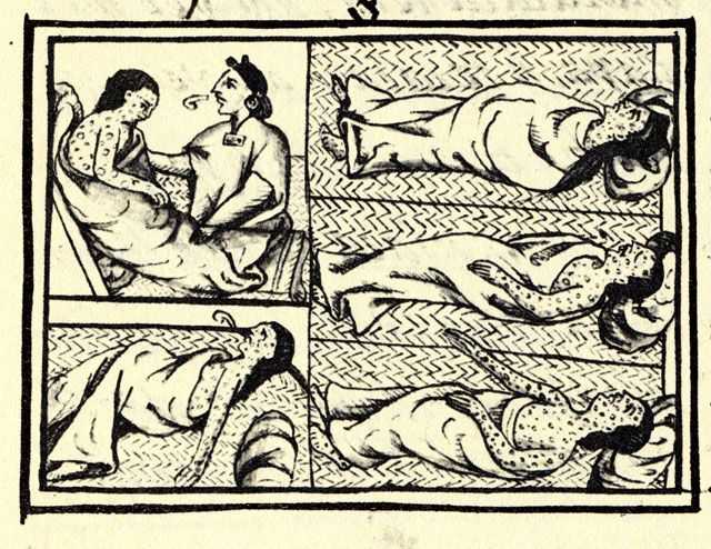 Comic-like drwaing of an infected person in bed visited by a doctor.
