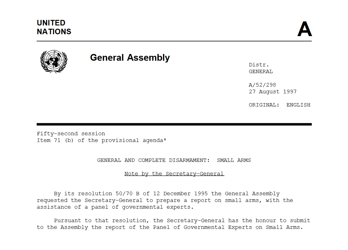 An extract from the protocol of the fifty-second session of the General Assembly of the United Nations. The subject of the paper is General and complete disarmament: Small arms.