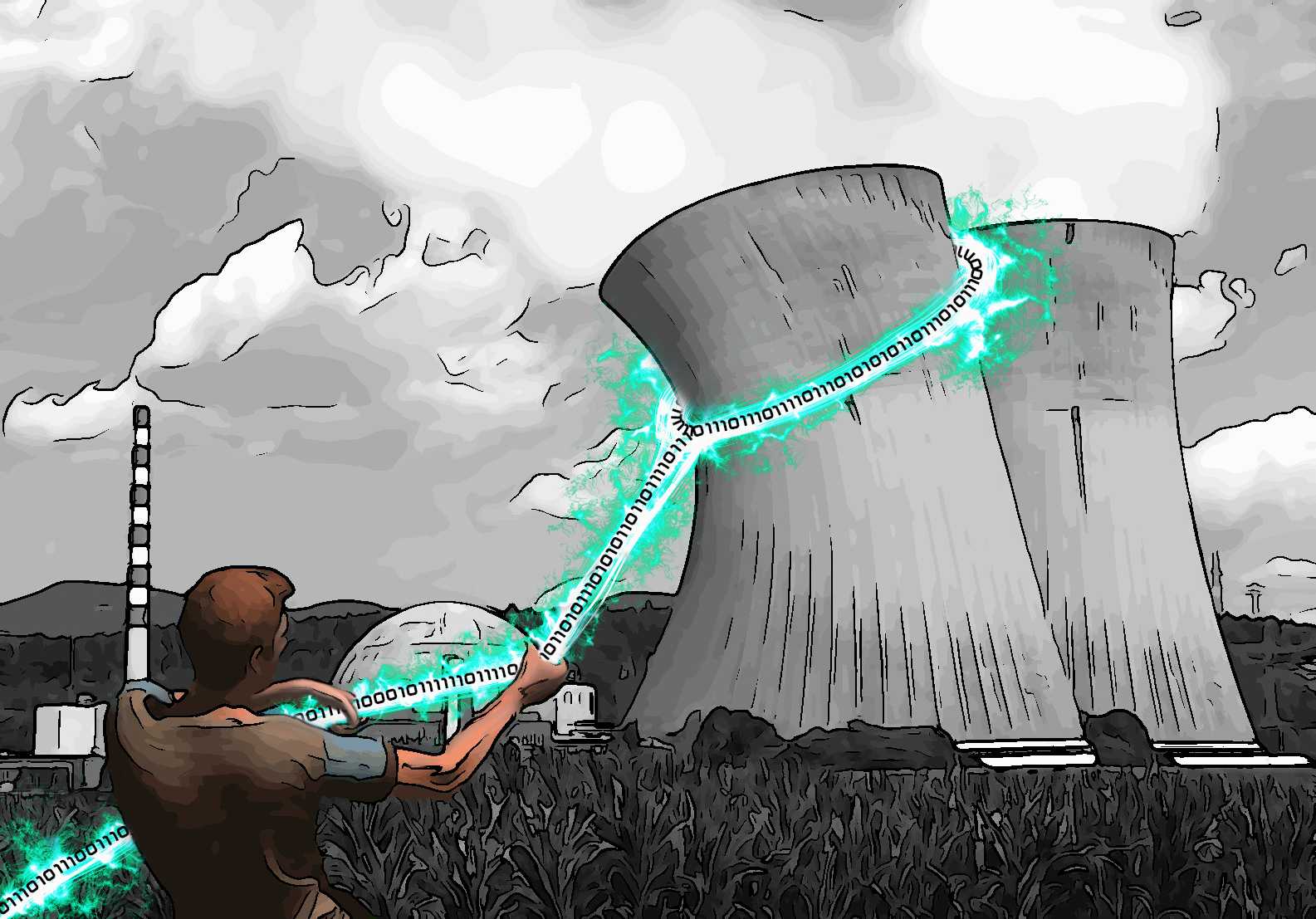 Illustration of two cooling towers. A person attacks one with a lasso made of zeros and ones.