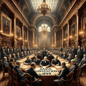 AI-generated artistic depiction by ChatGPT of the 1899 Hague Convention negotiations. The image portrays a grand diplomatic hall with high ceilings, chandeliers, and ornate decorations, reflecting the formal setting of the time. A large wooden table sits at the center, surrounded by white male diplomats in 19th-century suits, as was historically accurate for international diplomacy of that era. Some are actively debating, while others are listening or signing documents. A large parchment labeled 'Hague Convention 1899' is prominently displayed on the table, symbolizing the treaty's focus on humanitarian principles and arms control. The image conveys a sense of diplomacy, negotiation, and international cooperation in a historical context. 