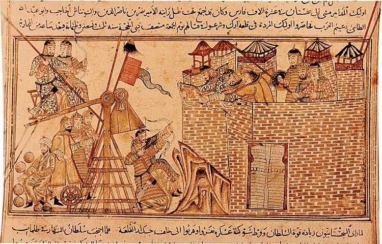 Ancient drawing of Mongols attacking a city in the middle east with a catapult and arrows.