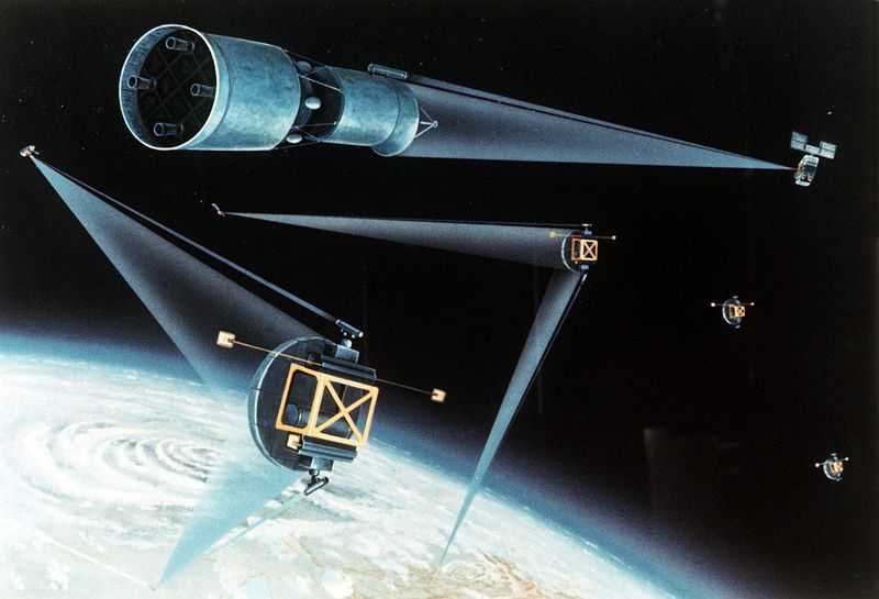 Satellites in Space emitting laser beams aimed at other satellites