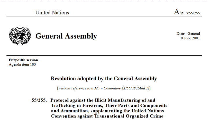 Photo of the UN Resolution A/RES/55/255 - 'Firearms Protocol'.