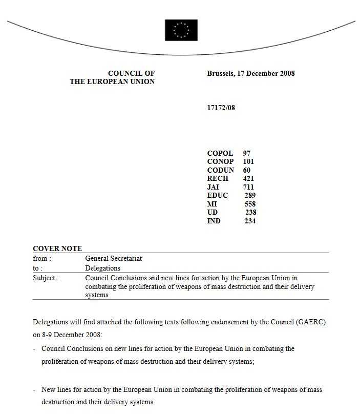 The image is a formal EU document from the Council of the European Union, dated 17 December 2008, addressed to delegations. The document reference number is 17172/08