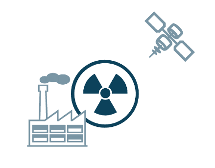Illustration showing a stylized factory with a smokestack, a radiation warning symbol, and a satellite in orbit. The image suggests the remote monitoring of nuclear facilities, likely for detecting activities related to the production of nuclear materials. The satellite represents surveillance technology, while the factory and radiation symbol imply a connection to nuclear energy or weapons production.