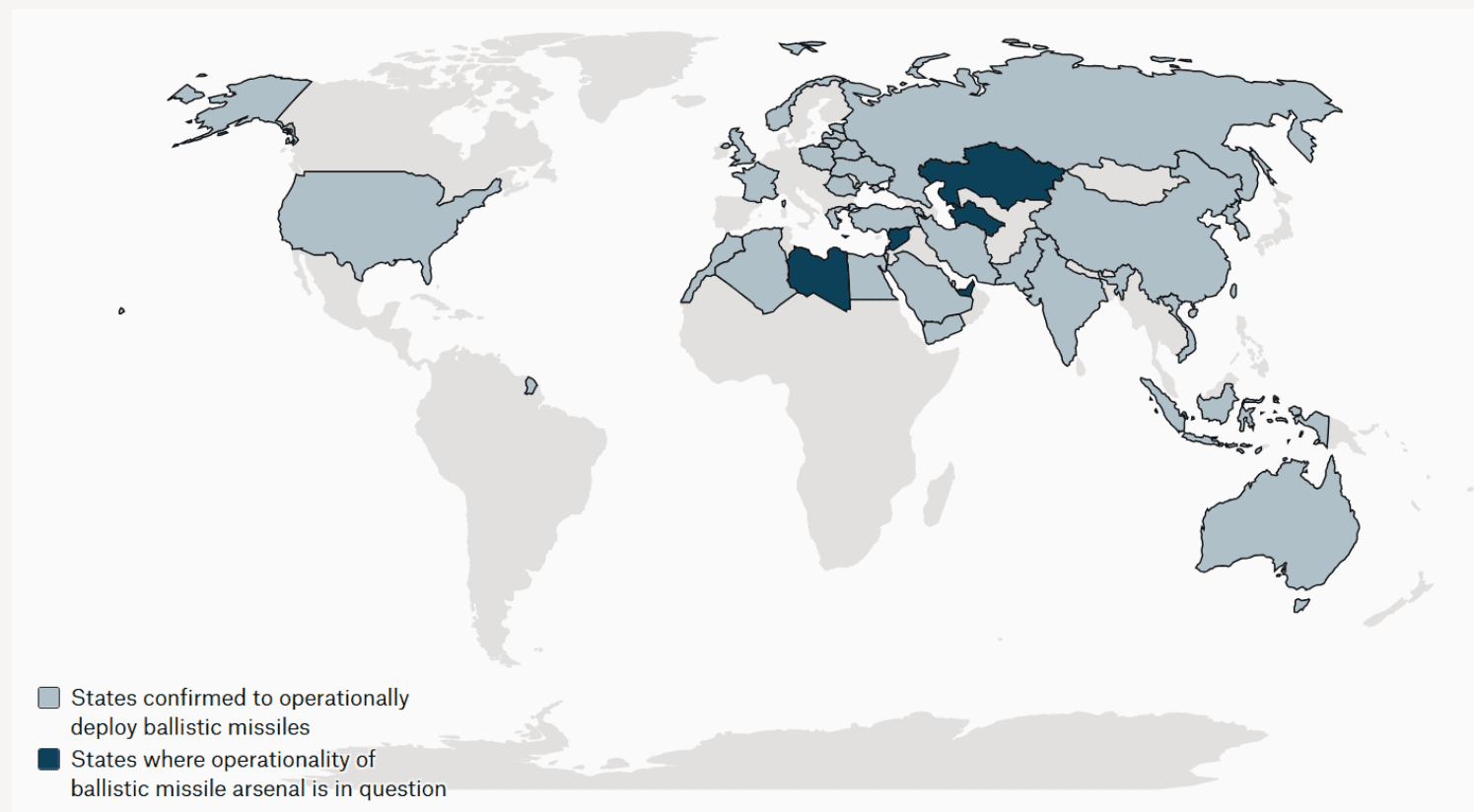 States with confirmed ballistic missile launch capabilities and states that possessed ballistic missiles but where the continued existence of these missiles in a state capable of being launched is no longer certain and therefore in question.