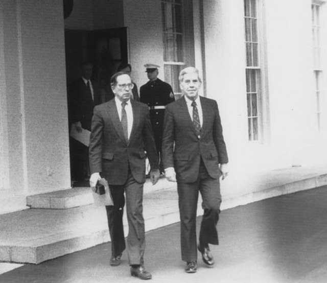 Photograph of the initiators of the CTR program, Senators Sam Nunn and Richard Lugar, leaving the White House in November 1991 after briefing President George H. W. Bush on the Nunn- Lugar Legislation.
