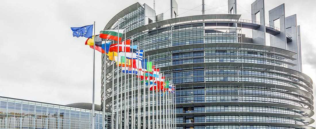 The picture shows the European Parliament building in Strasbourg, France. It is a modern, circular building with a glass façade that makes the building appear bright and open. Numerous flags of the member states of the European Union can be seen in front of the building, symbolising the diversity and unity of the EU.