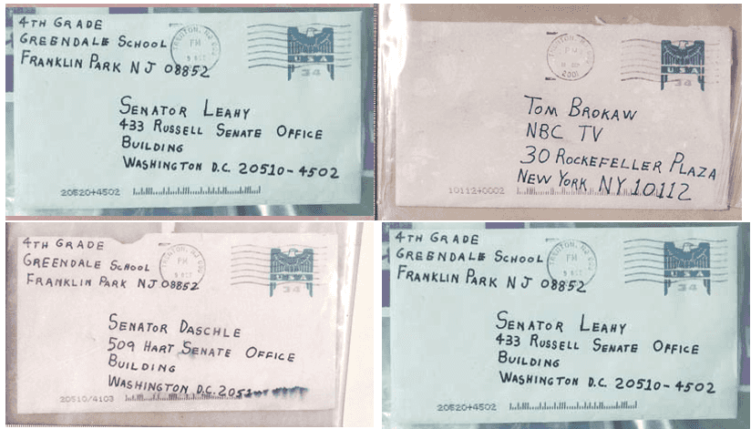 Four harmless-looking envelops addressed to Senator Leahy, Senator Daschle and Tom Brokaw.