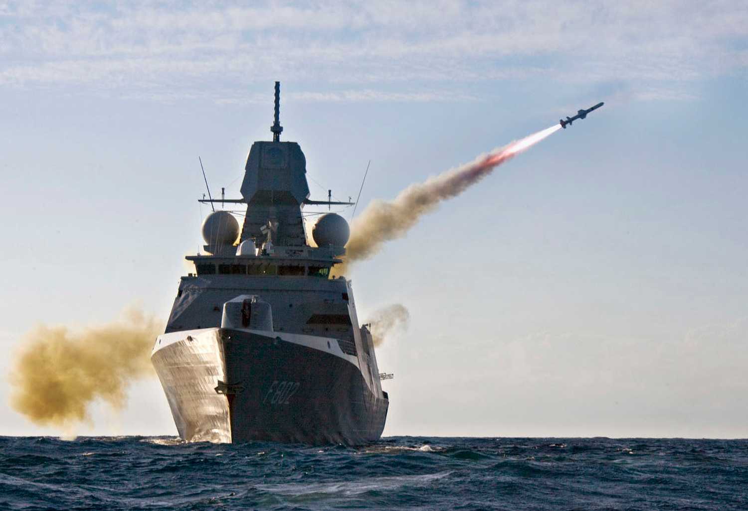 The Dutch frigate De Zeven Provinciën (F802) fires an AGM-84 Harpoon