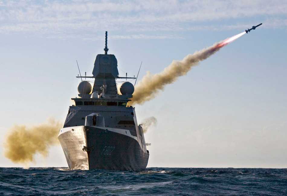 The Dutch frigate De Zeven Provinciën (F802) fires an AGM-84 Harpoon